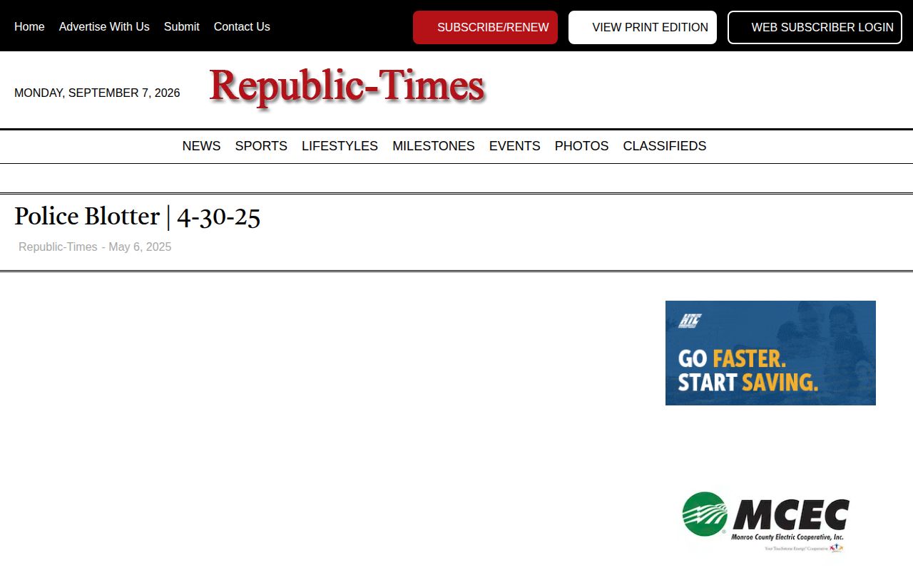 Republic-Times multi-day Monroe County arrest report source note